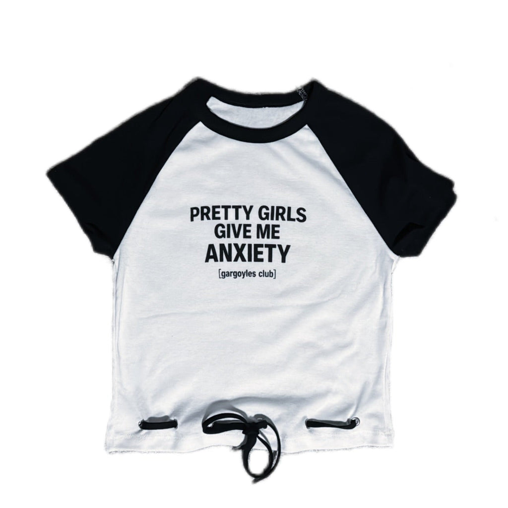 White and black baseball crop top "pretty girls give me anxiety"