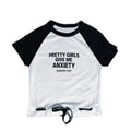White and black baseball crop top "pretty girls give me anxiety"
