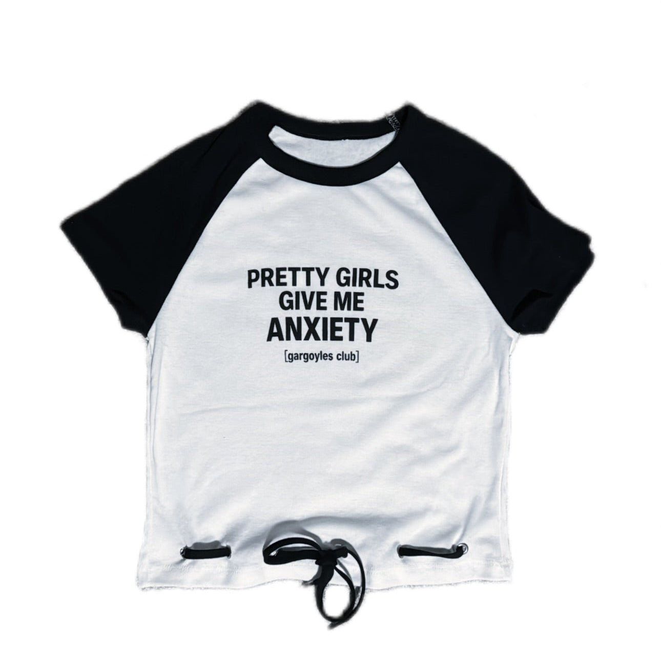 White and black baseball crop top "pretty girls give me anxiety"